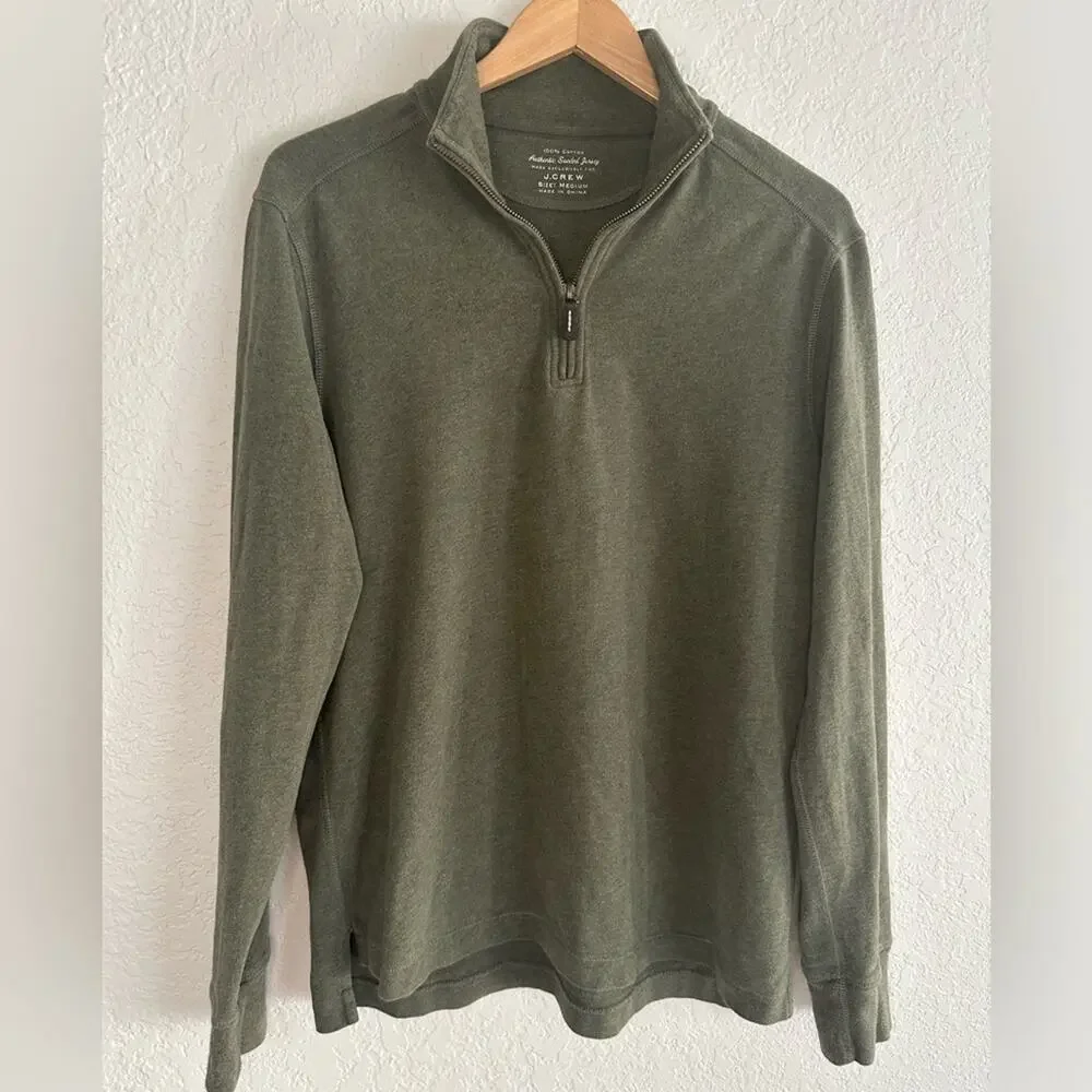 J. Crew Sueded Jersey 1/4 Zip Pullover Green Men’s Preppy School Collegiate Fall